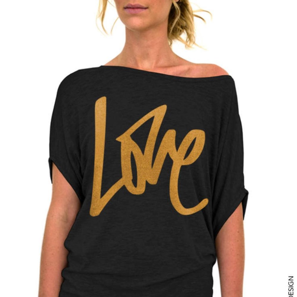 Black graphic tee, "love"